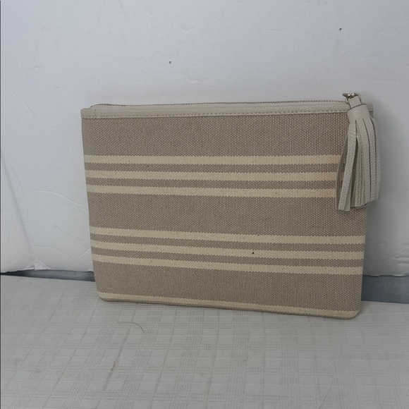 NEW Kate Spade Gia Larchmont Avenue Fabric Stripe Pouch Clutch Beige - Picture 3 of 11